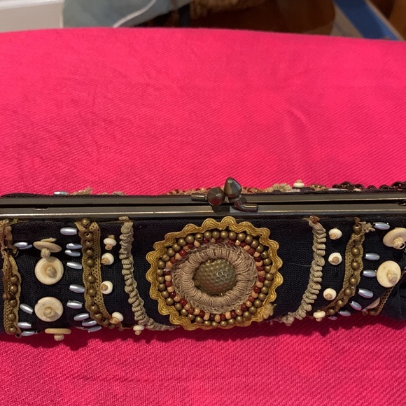 Black and Tan beaded small fabric evening bag. Cold water Creek. 4” x 8”. - Picture 3 of 7